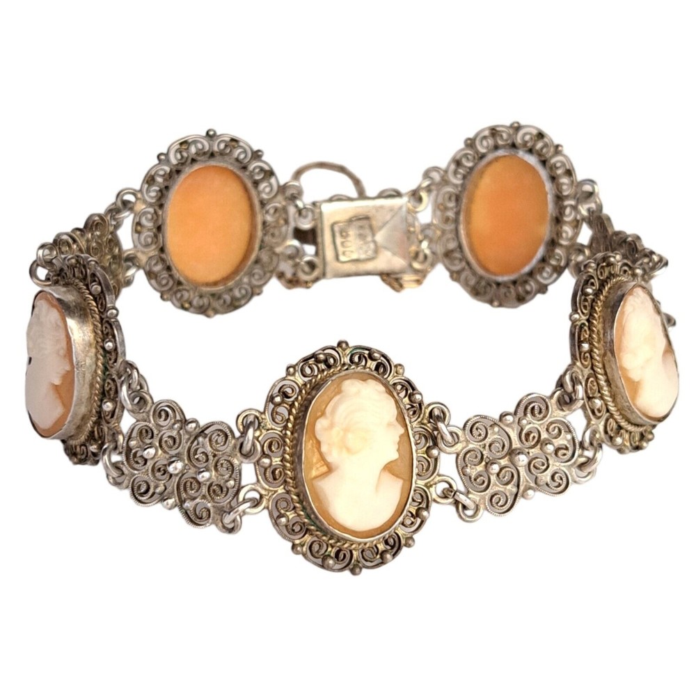 Antique Cameo Panel Silver Bracelet Filigree Italy 800 Marked Gold Chain Links